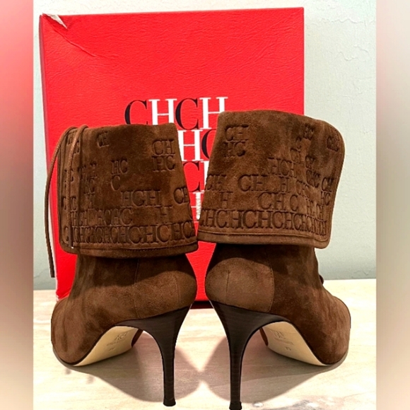 Rare Carolina Herrera Chocolate Brown Suede Foldover Logo Boots Size 39 … - Picture 2 of 14